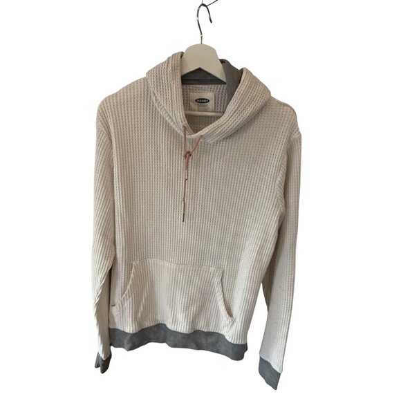 Old Navy Waffle Knit Hoodie Beige Gray Pullover Thermal Kangaroo Pocket Large - Picture 1 of 9